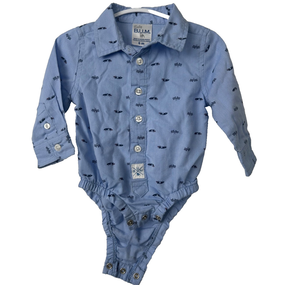 Baby B.U.M. Long Sleeve Chambray Button-Up Bodysuit 6 months Cars A11